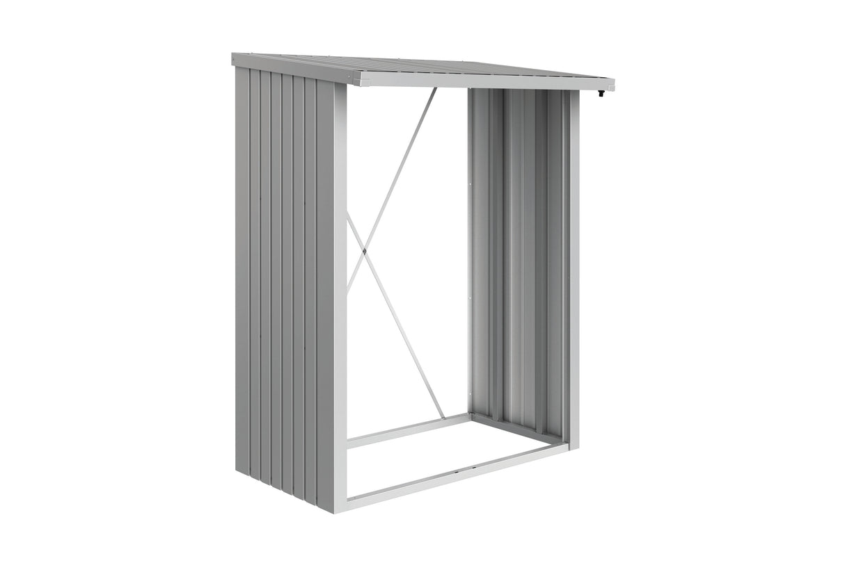 Metal storage shed with a slanted roof on a white background