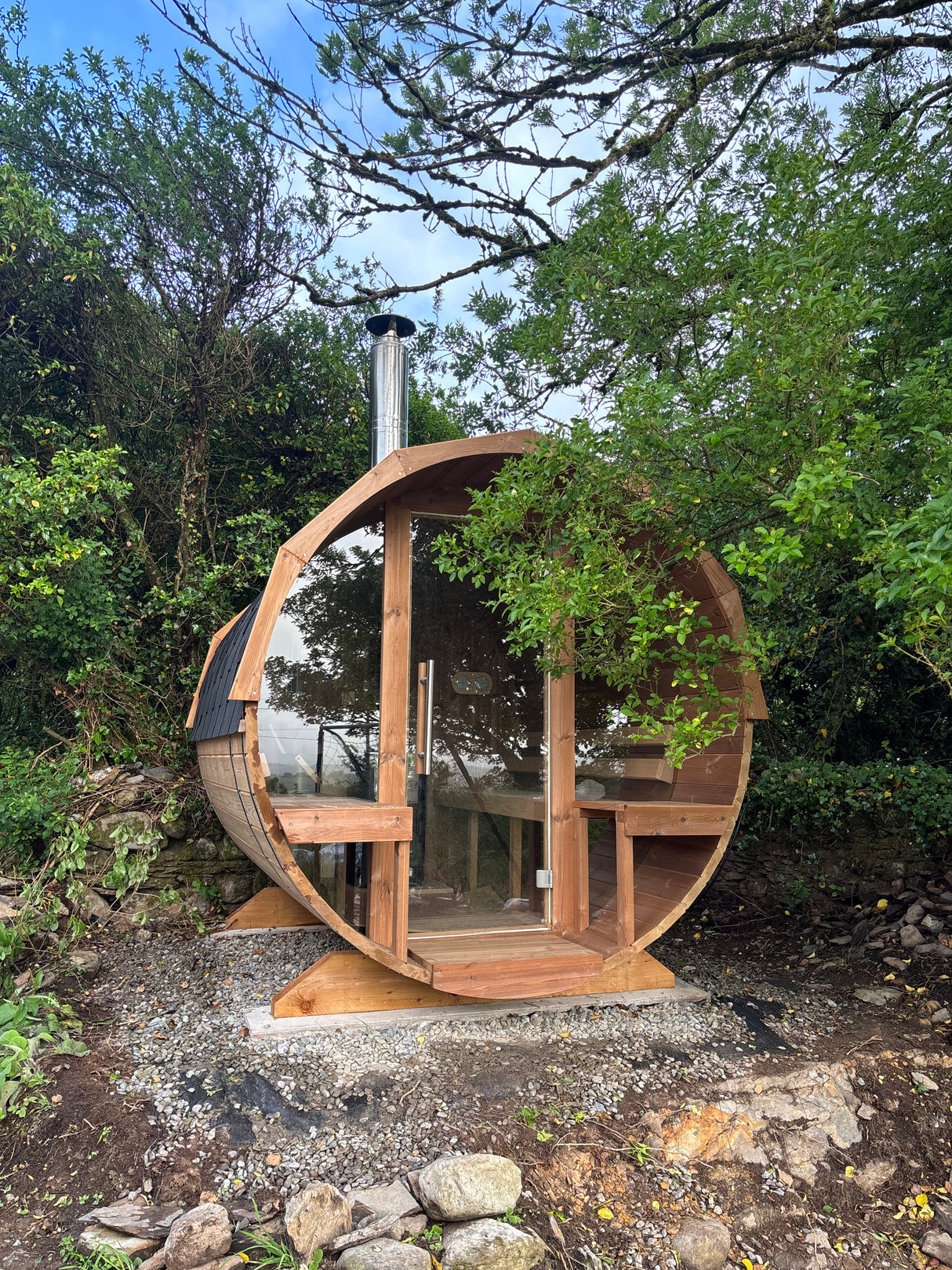 Aughermon Barrel Sauna with Full Glass Front and Porch