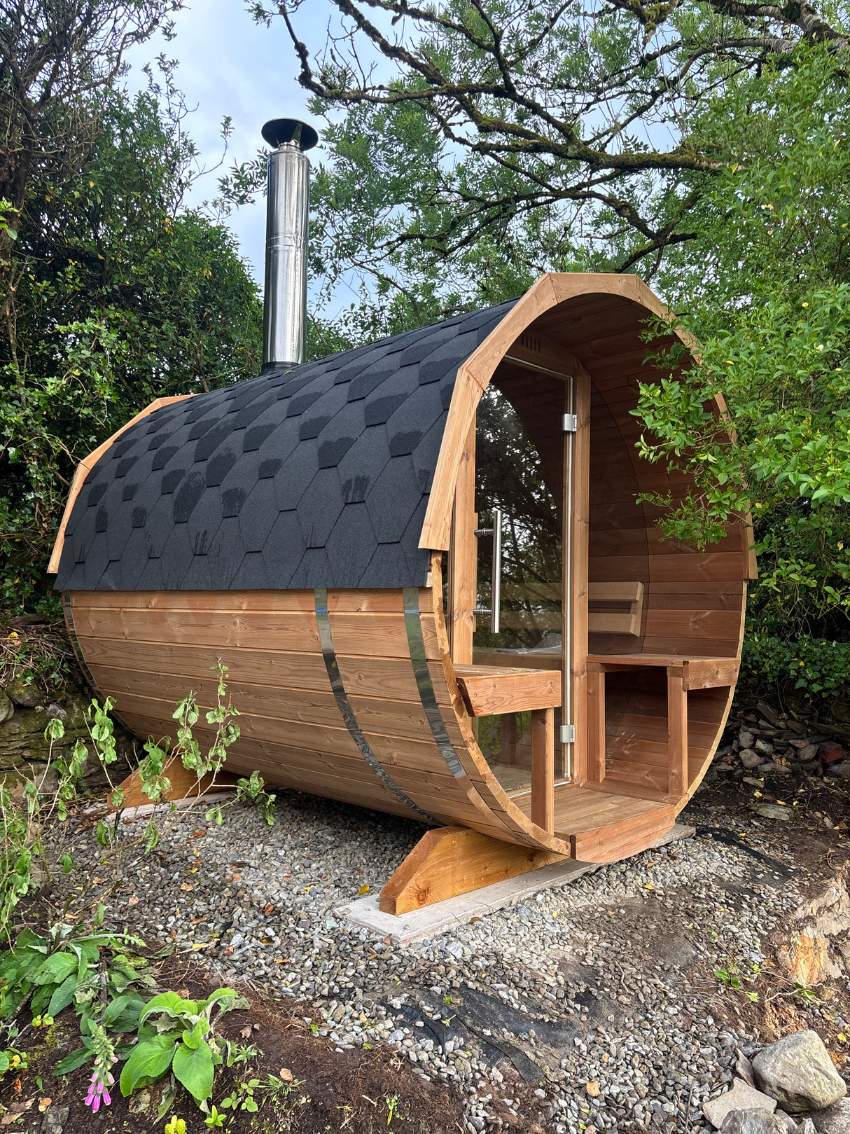 Aughermon Barrel Sauna with Full Glass Front and Porch