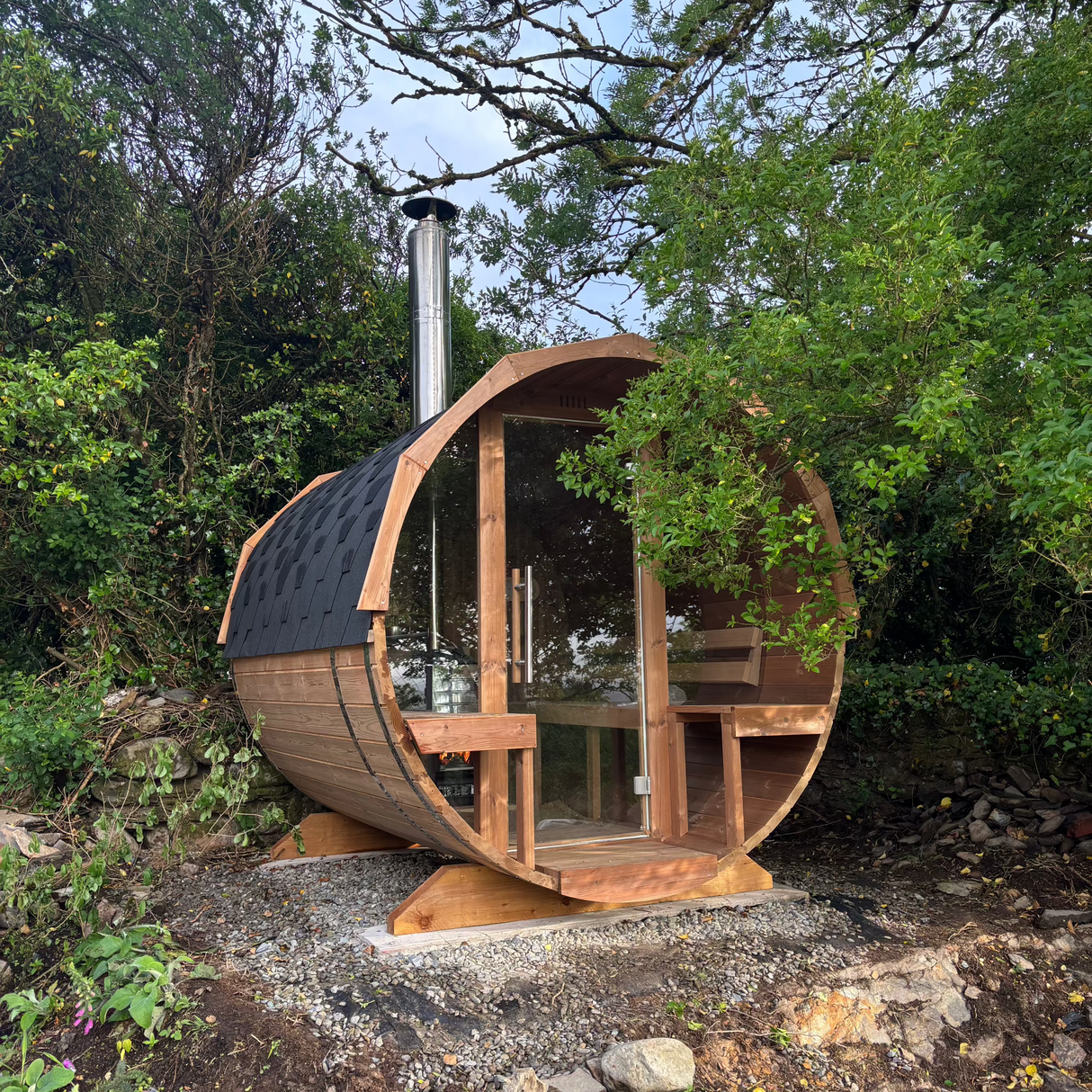Aughermon Barrel Sauna with Full Glass Front and Porch