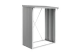Metal storage shed with a slanted roof on a white background