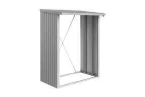 Metal storage shed with a slanted roof on a white background