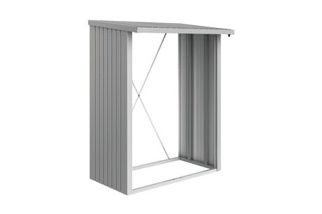 Metal storage shed with a slanted roof on a white background