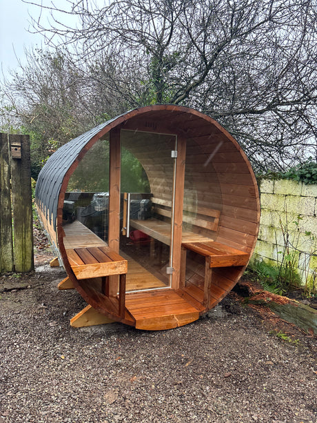 2.8m Barrel Sauna with Porch - Thermowood