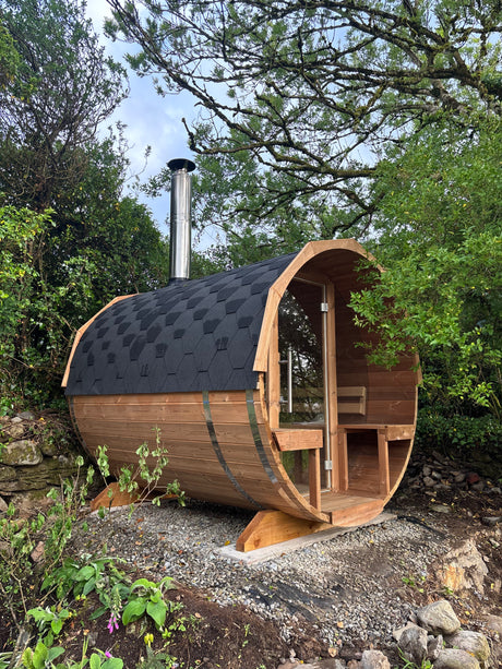 Aughermon Barrel Sauna with Full Glass Front and Porch