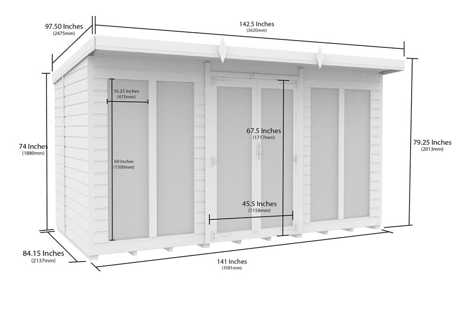 12ft x 7ft Pent Summer House (Full Height Window)