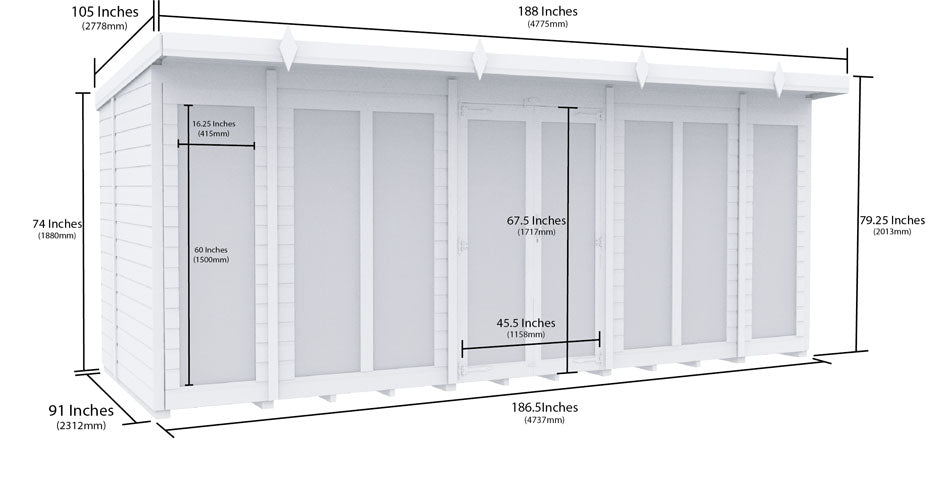 16ft x 8ft Pent Summer House (Full Height Window)