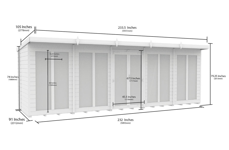 20ft x 8ft Pent Summer House (Full Height Window)