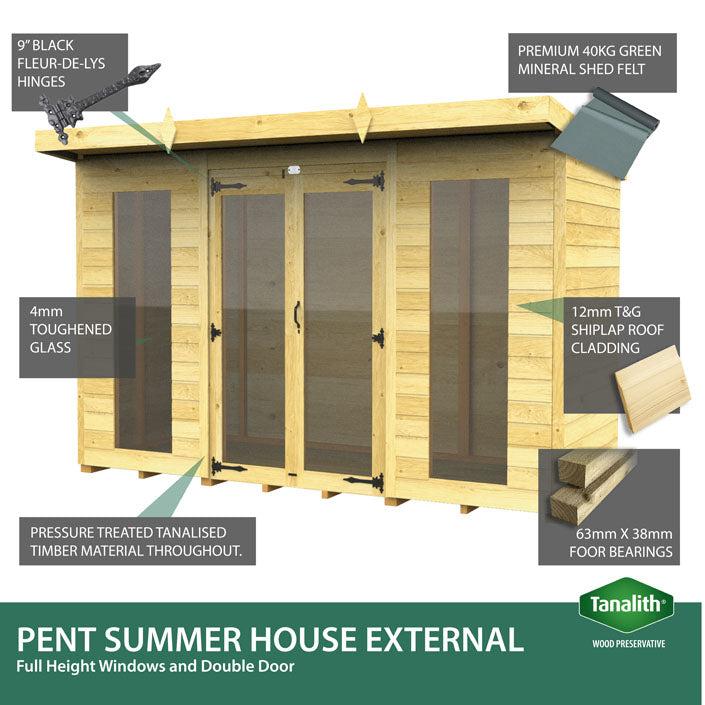 12ft x 7ft Pent Summer House (Full Height Window)